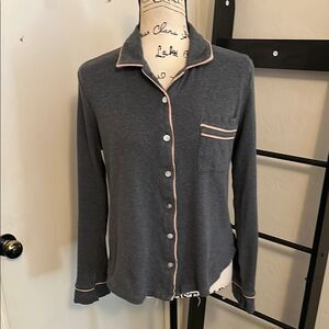 Faherty Gray Button-Up Pajama Top Pink Trim Top Only Loungewear Sleep
